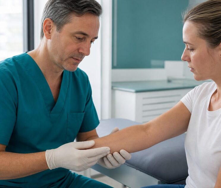 Reconstructive surgeon examining a healed forearm scar at Ethos Hospital, Kota