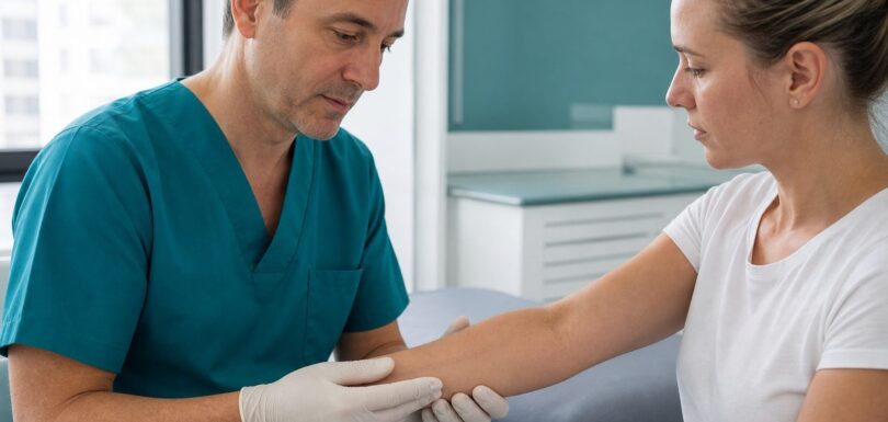 Reconstructive surgeon examining a healed forearm scar at Ethos Hospital, Kota