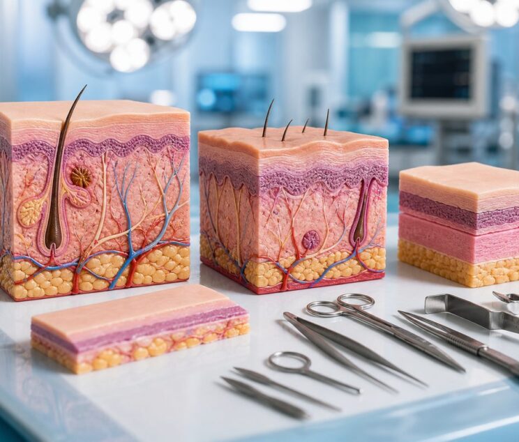Anatomical skin layer models and surgical instruments used in reconstructive surgery at Ethos Hospital, Kota