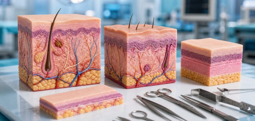 Anatomical skin layer models and surgical instruments used in reconstructive surgery at Ethos Hospital, Kota
