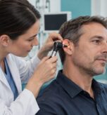 ENT specialist examining a patient's ear with an otoscope at Ethos Hospital, Kota