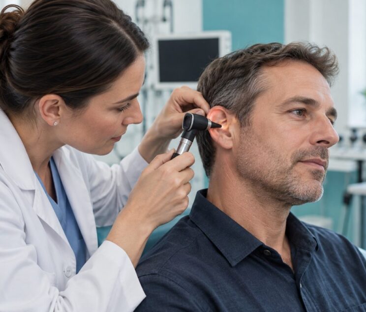 ENT specialist examining a patient's ear with an otoscope at Ethos Hospital, Kota