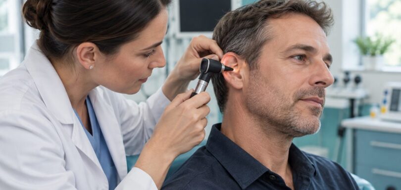 ENT specialist examining a patient's ear with an otoscope at Ethos Hospital, Kota