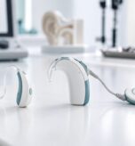 A behind-the-ear hearing aid and a cochlear implant processor side by side in an audiology clinic at Ethos Hospital, Kota