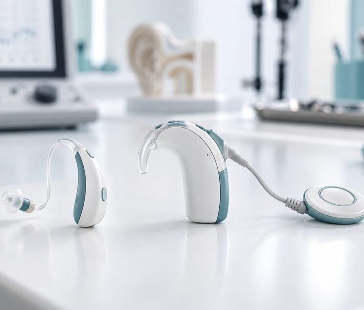 A behind-the-ear hearing aid and a cochlear implant processor side by side in an audiology clinic at Ethos Hospital, Kota