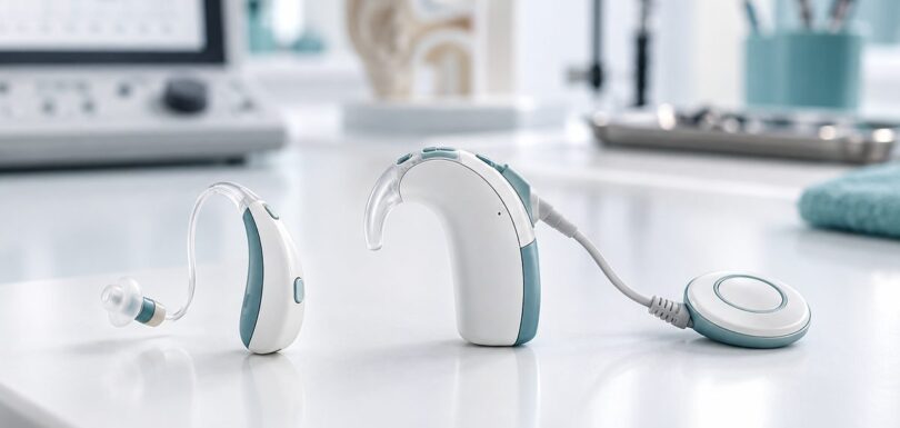 A behind-the-ear hearing aid and a cochlear implant processor side by side in an audiology clinic at Ethos Hospital, Kota