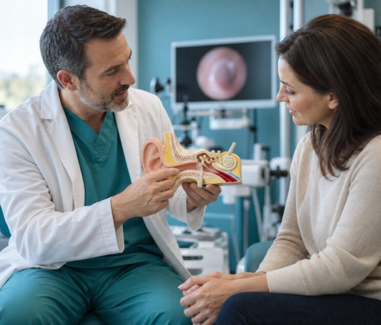 ENT surgeon explaining an ear anatomy model to a patient at Ethos Hospital, Kota